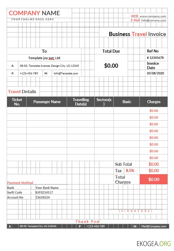 Modèle de facture de voyage d'affaires